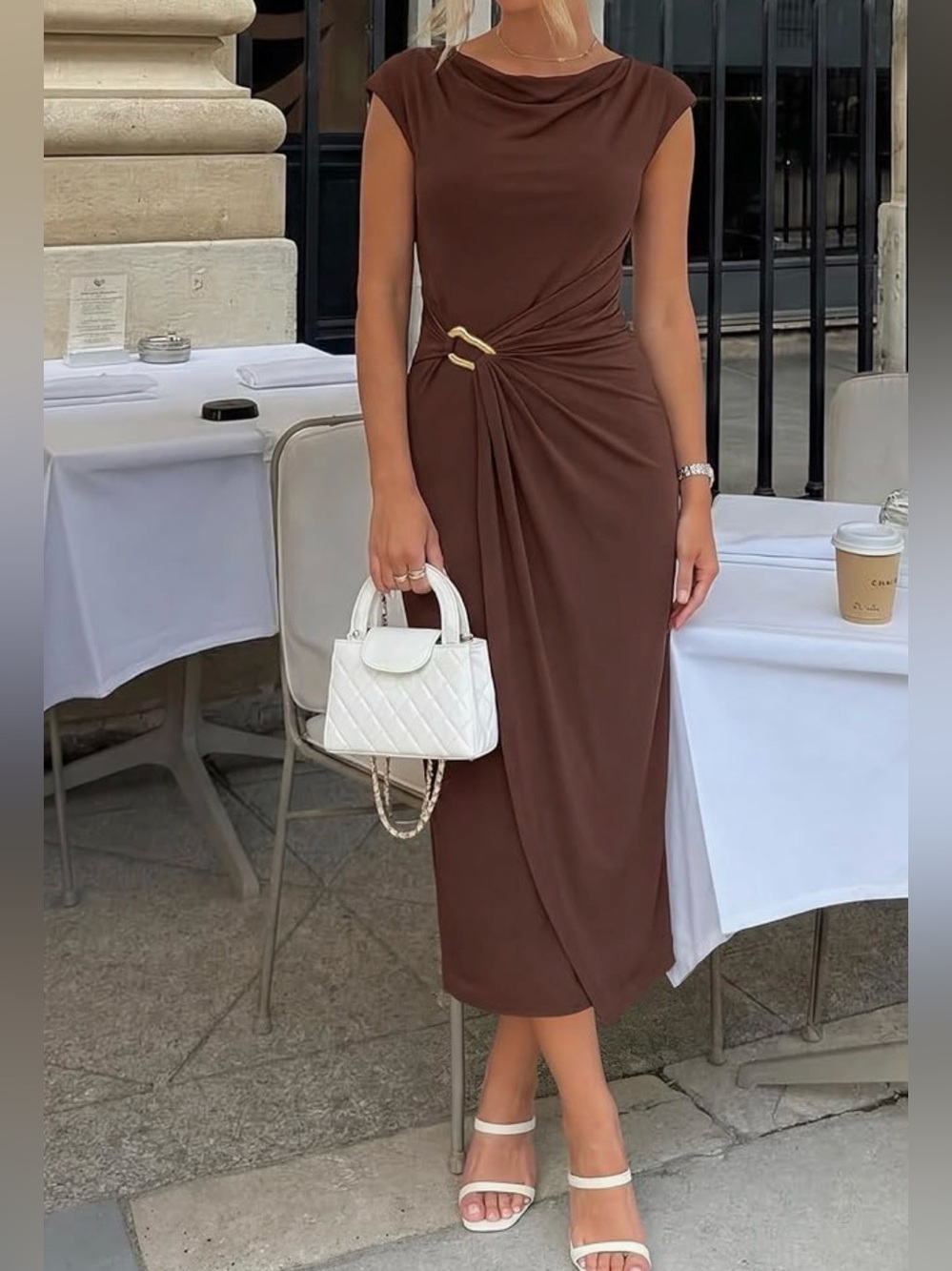 Chocolate Brown Midi Dress with Side Twist and Gold Accent